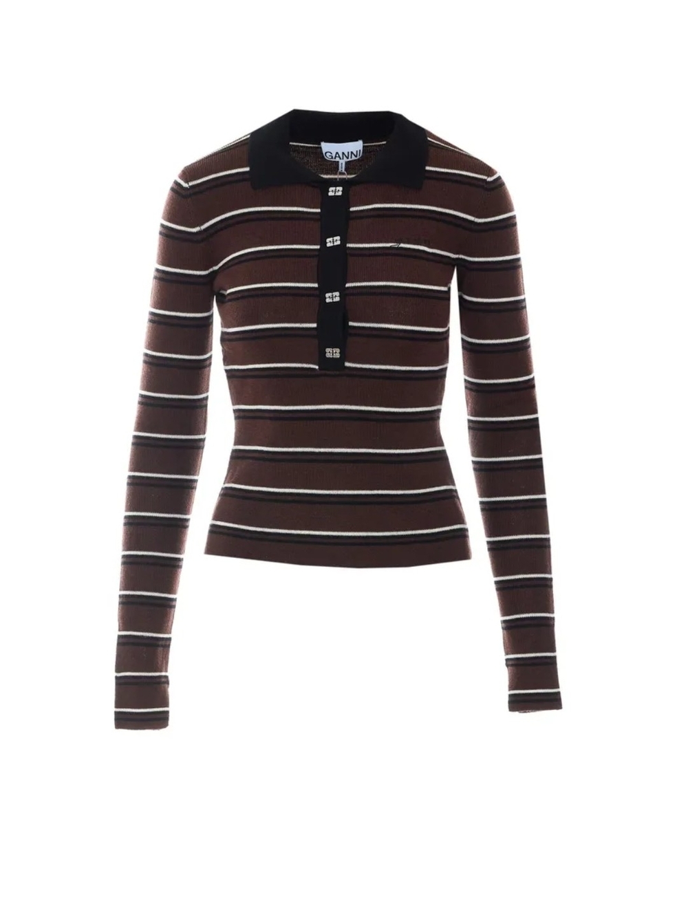 Ganni Brown and Cream Striped Long-Sleeve Polo Top